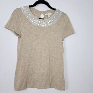 Banana Republic Size Small Beige Short Sleeve Top Shirt Beaded Embroidery